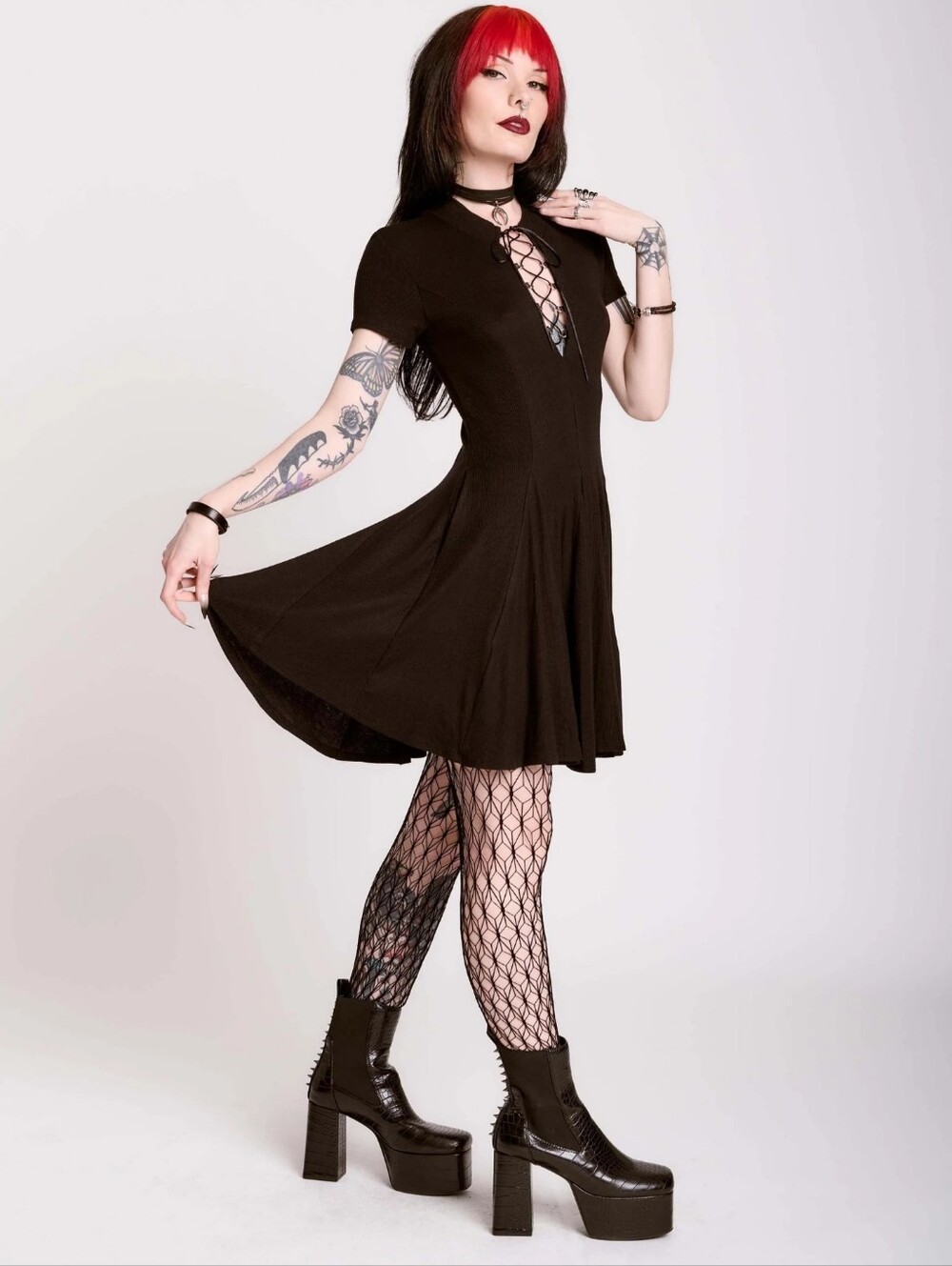 2X Midnight Hour Lace Up Skater Dress - Picture 7 of 8